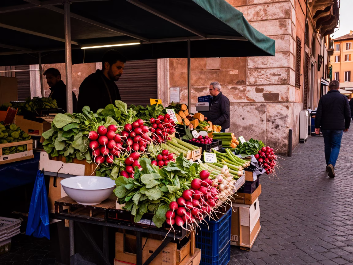 Roman Street Market Stall with Radishes and Blue Porcelain Bowl in Dusk Light in in Rome, Italy