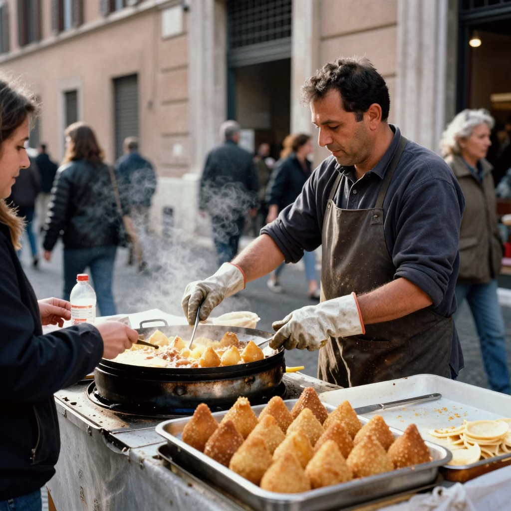 Roman Street Vendor Midday Sales Arancini and Work Gloves in Italy in in Rome, Italy