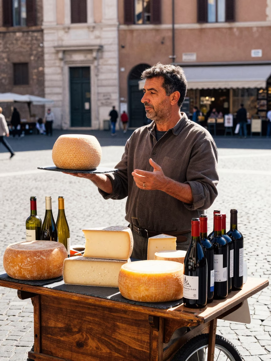 Roman Street Vendor Selling Cheese and Wine in Early Afternoon Sunlight in in Rome, Italy