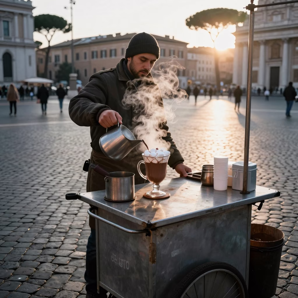 Roman street vendor serving hot chocolate with marshmallows at sunrise in in Rome, Italy