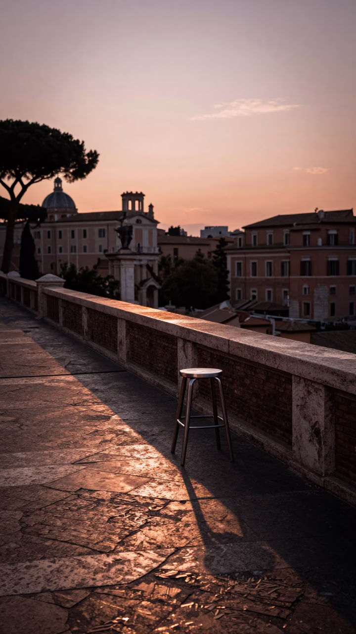 Roman Terrace Evening with Brushed Steel and Linen in Copper Light in in Rome, Italy