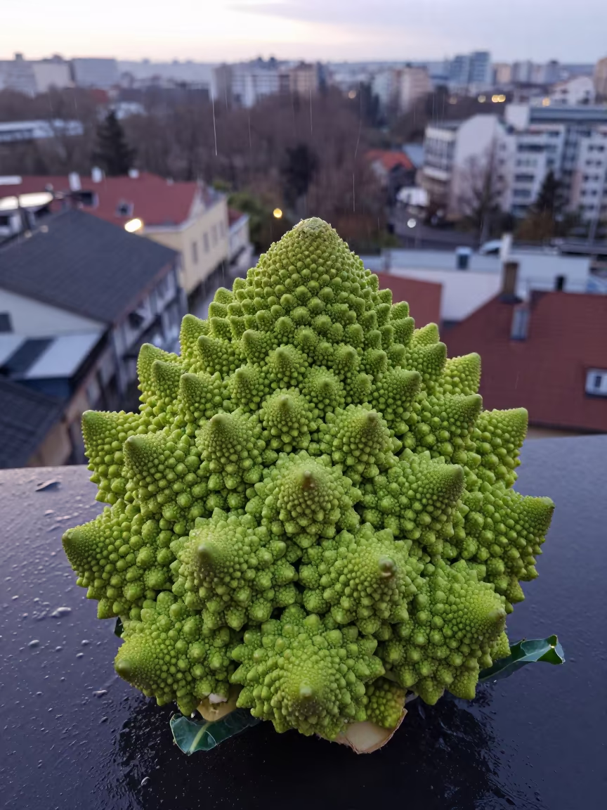 Romanesco Broccoli Fractal Above Belgrade Rooftops in high above patterned rooftops near Belgrade