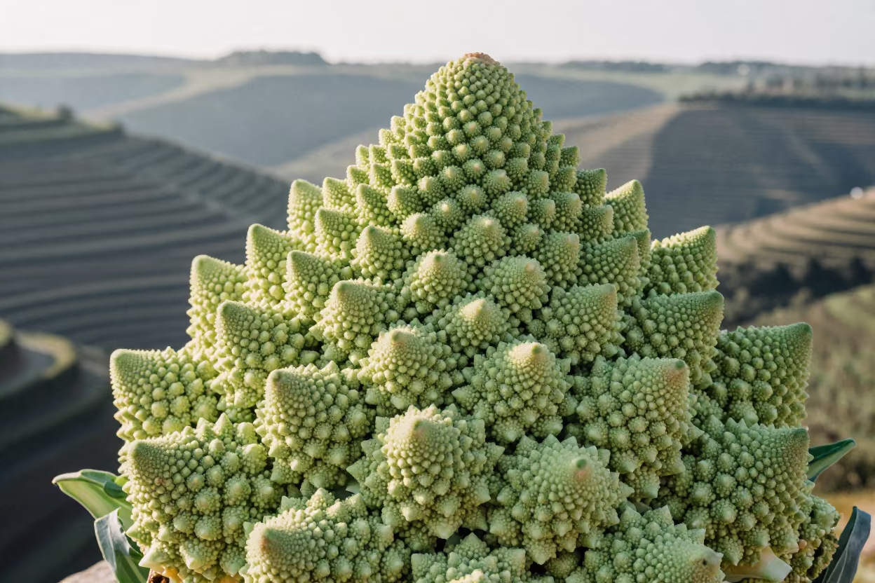 Romanesco Broccoli Fractal Aerial View in far above terraced hillsides in Luxembourg