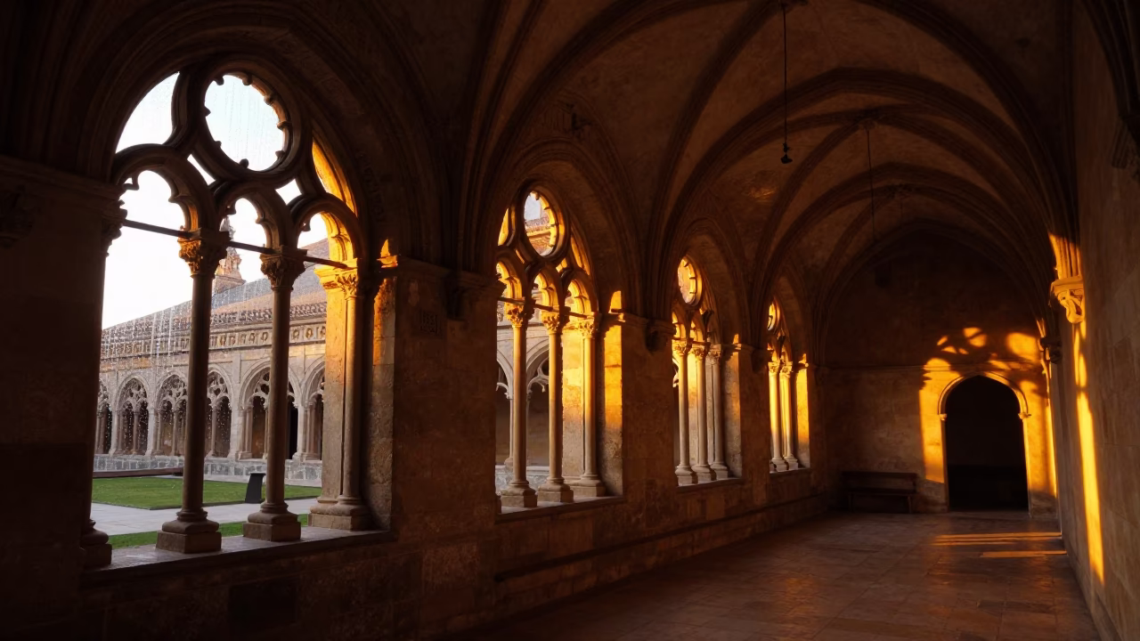 Romanesque Cloister Amber Sunset Madrid Abbey in inside a candlelit abbey nave in Madrid