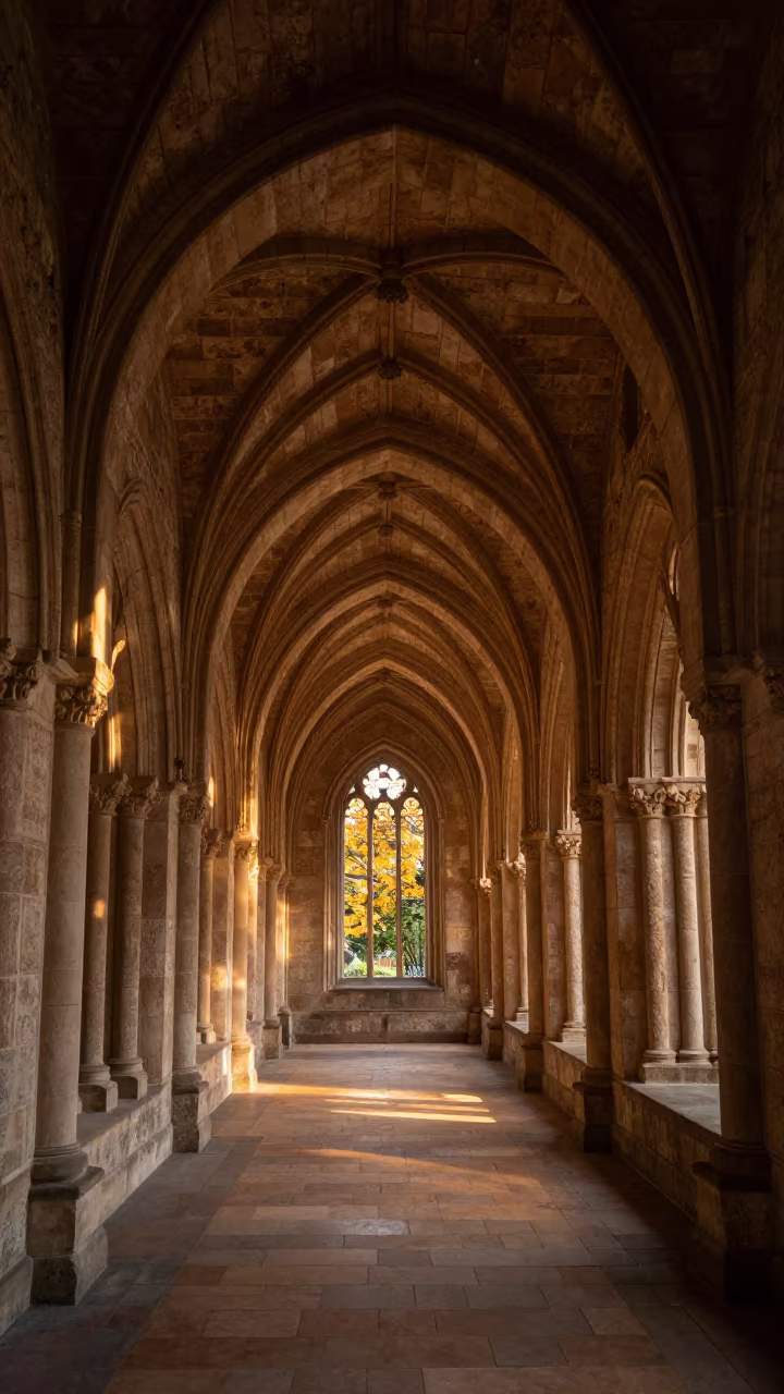 Romanesque Abbey Cloister Before Dawn in inside a quiet cloister passage in Devonport, Auckland
