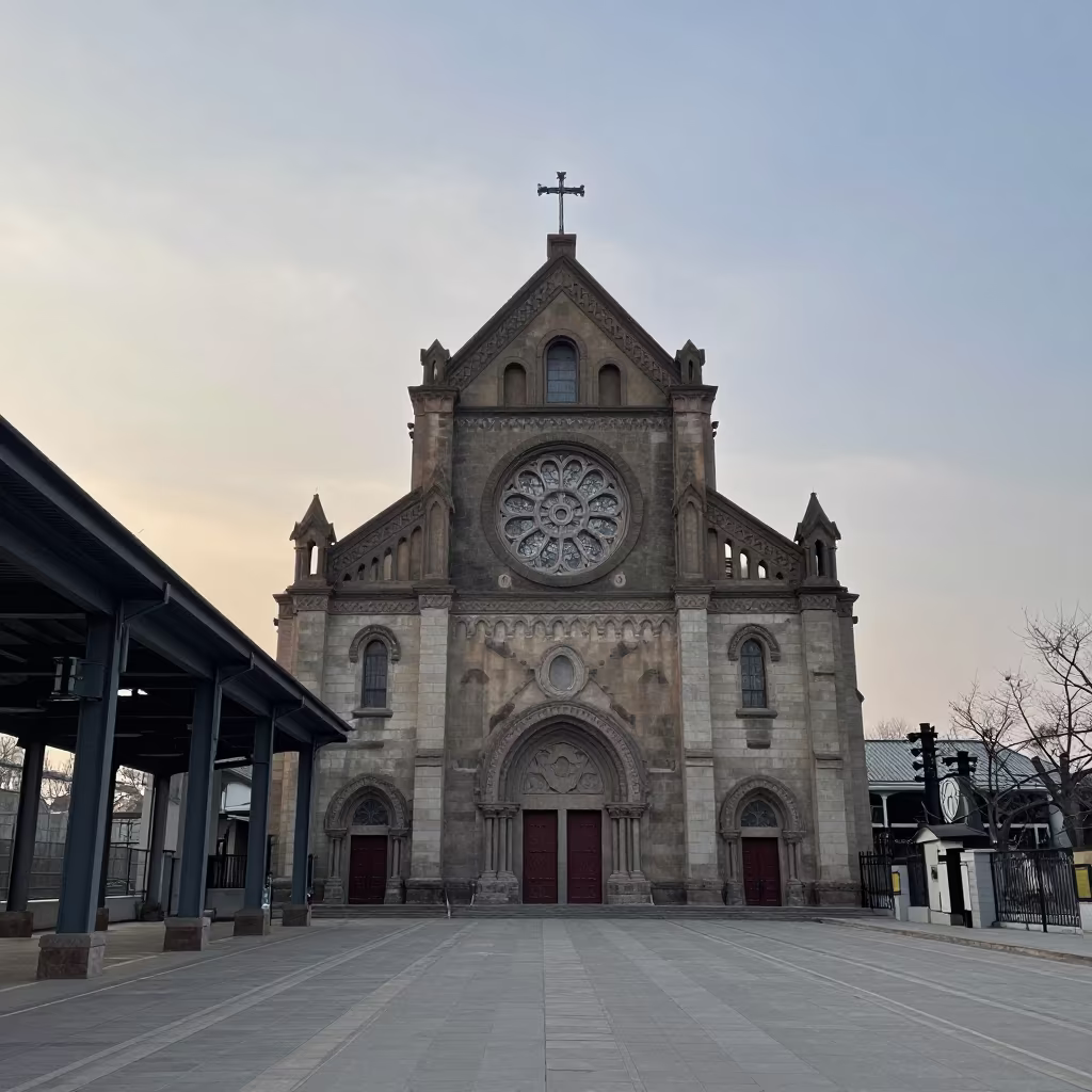 Romanesque Church Rose Window in Qingdao Terminal in inside a restored train terminal near Qingdao