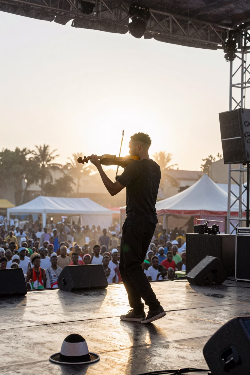 Romani Violinist Performing at Dakar Festival Dawn in on a festival main stage in Dakar