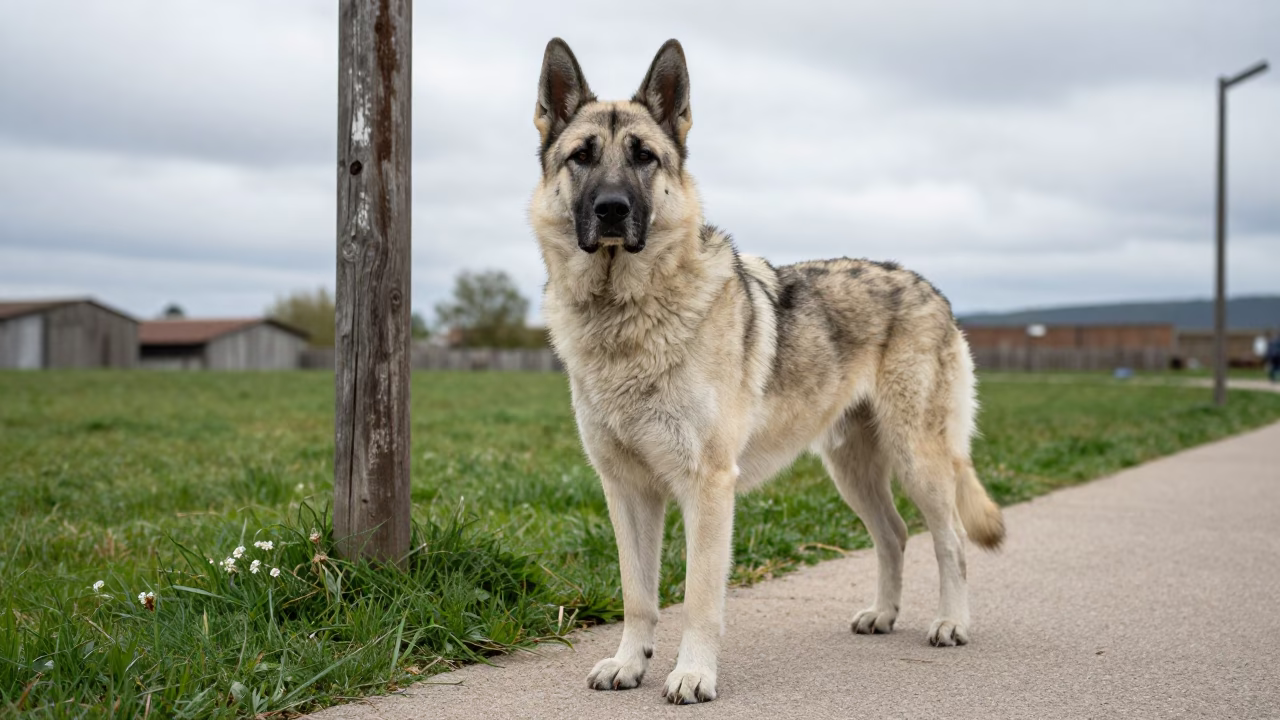 Romanian Carpathian Shepherd in Quiet Park Near Skhirat in in a small yard with clipped grass, calm light, and the animal centered in frame near Skhirat