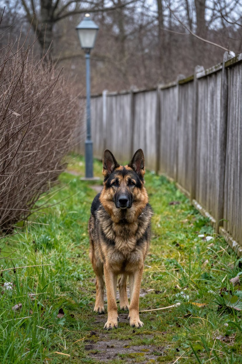 Romanian Carpathian Shepherd in Saint-Henri Yard in in a small yard with clipped grass, calm light, and the animal centered in frame in Saint-Henri, Montreal