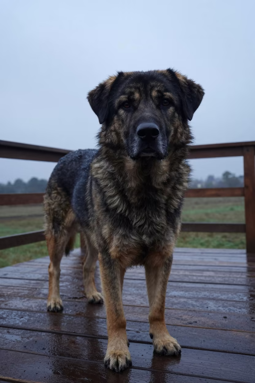 Romanian Carpathian Shepherd on Jalingo Porch in on a shaded front porch with boards, railings, and eye-level framing in Jalingo
