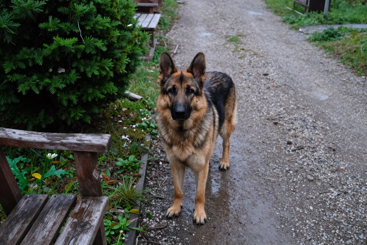 Romanian Carpathian Shepherd on Vancouver Path in near a garden edge with soft morning light and an uncluttered background in Vancouver