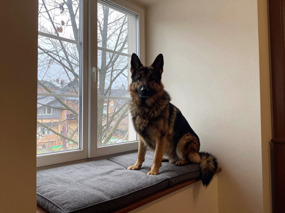 Romanian Carpathian Shepherd Portrait Minsk in on a cushioned window seat with soft side light and an uncluttered background in Minsk