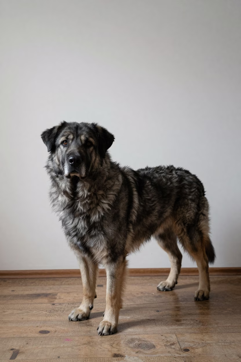 Romanian Carpathian Shepherd Portrait Against Wall in beside a plain plaster wall in soft indoor light with the animal centered in frame in Durg