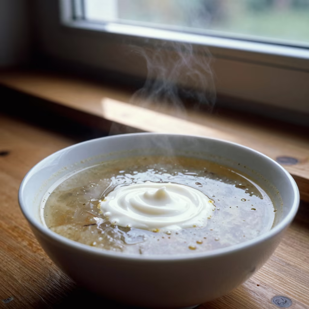 Romanian Ciorba Soup with Sour Cream in at a noodle counter in Colima