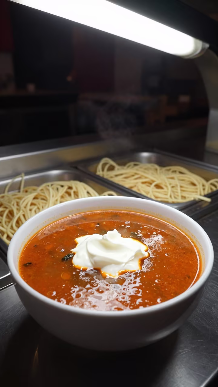 Bowl of Romanian Ciorba Sour Soup at Calgary Noodle Counter in at a noodle counter in Calgary