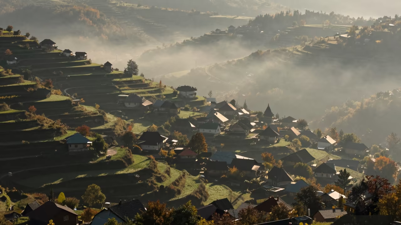 Romanian Hillside Villages in Green Fog in across a storm-bright plain in Romania