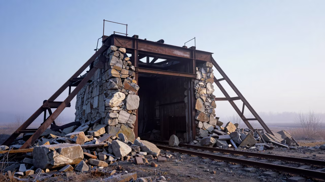 Romanian Ironstone Mine Entrance Before Sunrise in beside exposed structural steel in Romania