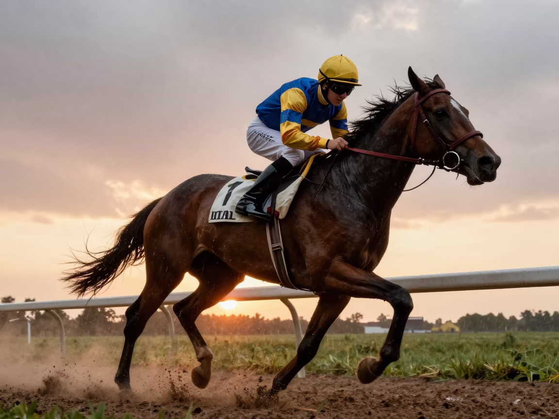 Romanian Jockey Whipping Horse at Sunset in in Romania