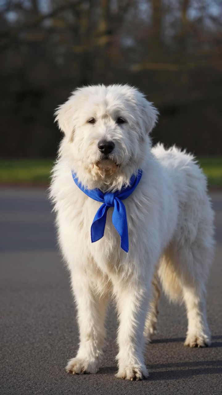 Romanian Mioritic Shepherd Dog and Scarf in Bristol UK Early Afternoon in in Bristol, United Kingdom