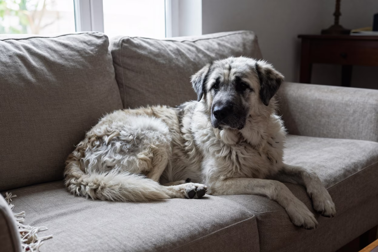 Romanian Mioritic Shepherd Dog on Linen Sofa in on a linen sofa with daylight from a nearby window in Anyang