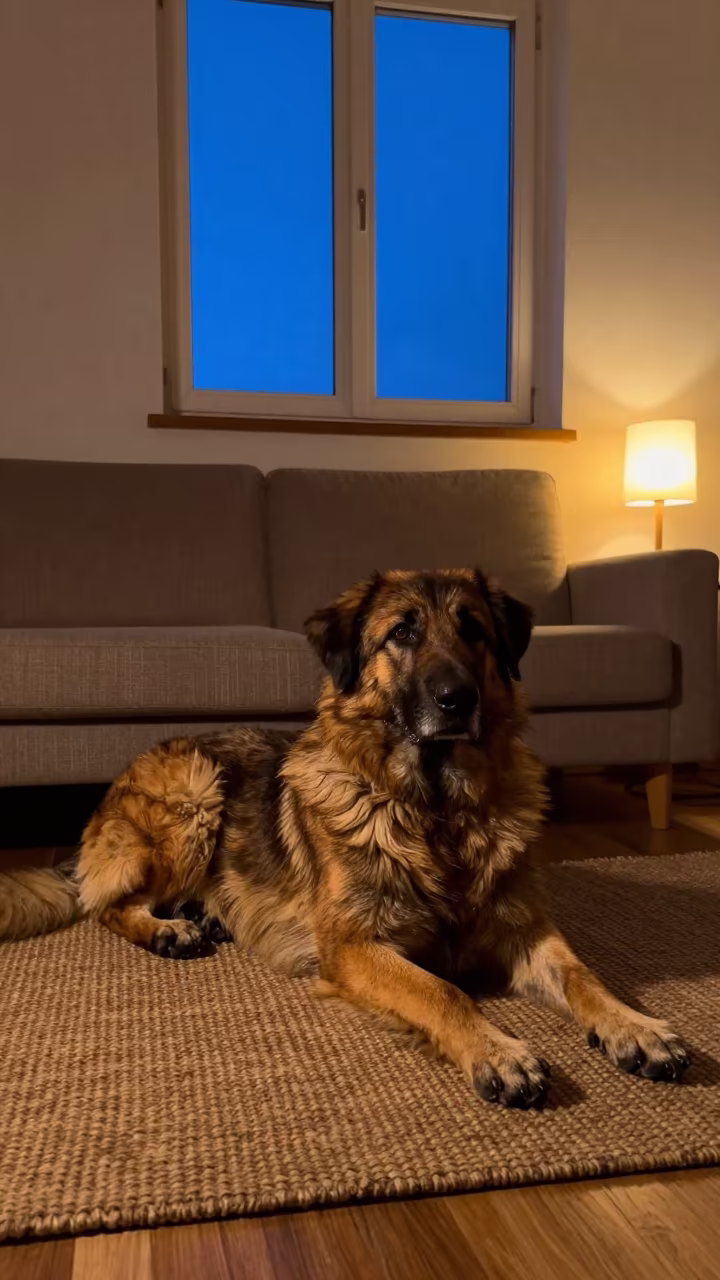 Romanian Mioritic Shepherd Dog Resting Indoors in on a woven rug beside a low couch and an uncluttered wall in Bodrum