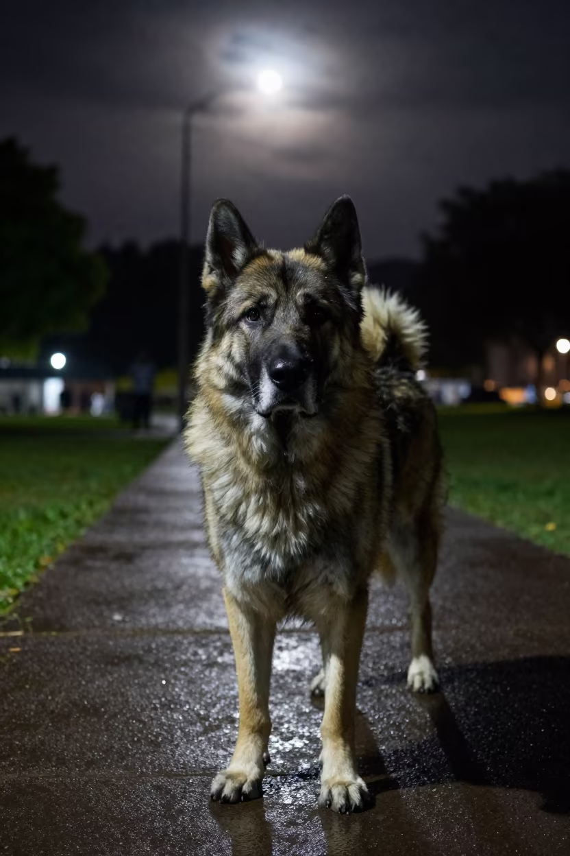 Romanian Mioritic Shepherd in Cúcuta Park Night in along a quiet park path with soft open shade and a clean background in Cúcuta