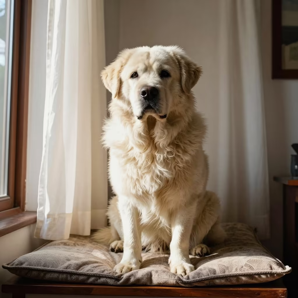Romanian Mioritic Shepherd on Window Seat in on a cushioned window seat with soft side light and an uncluttered background in Zapopan
