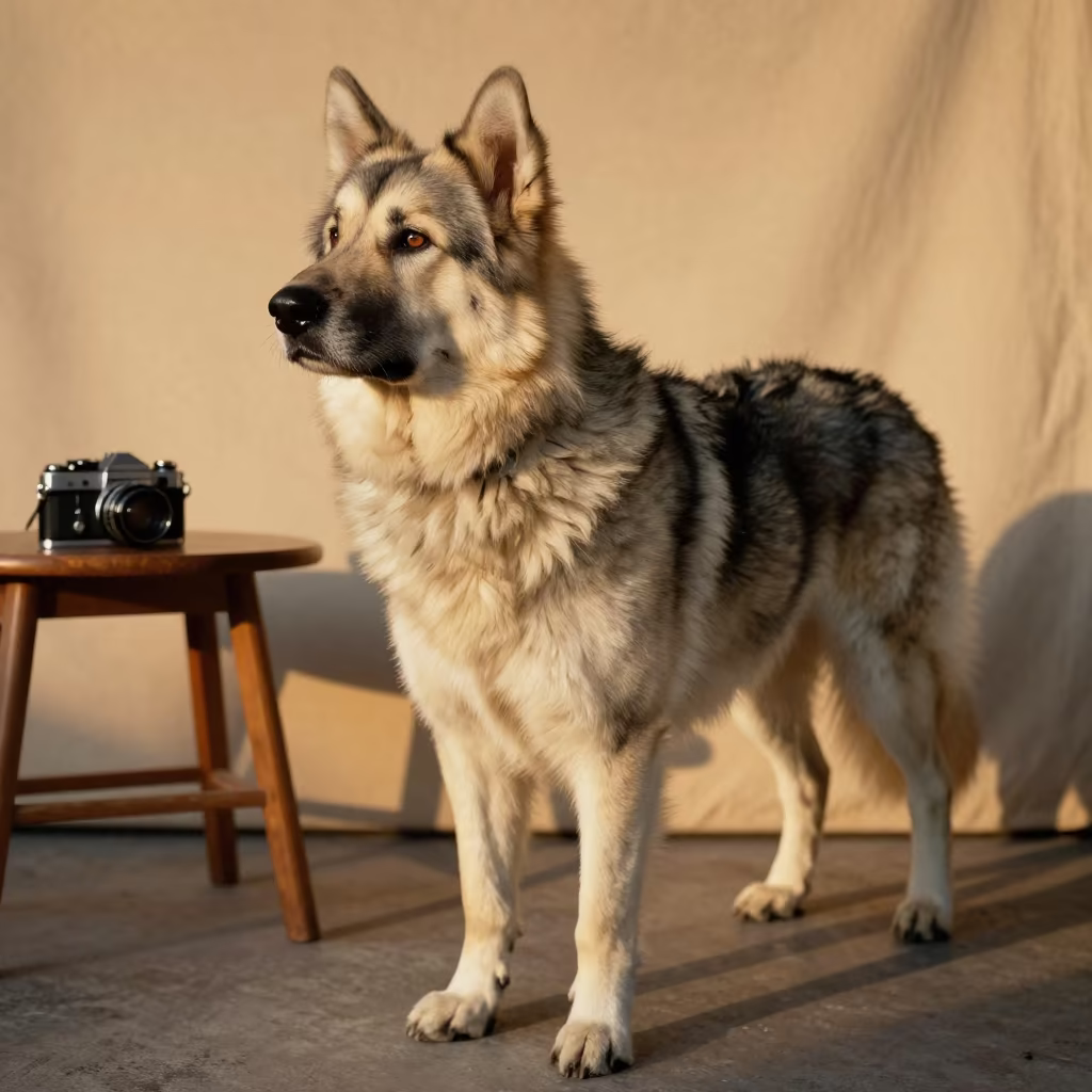 Romanian Mioritic Shepherd Portrait in Amber Light in in a quiet portrait studio with a plain backdrop and eye-level framing in Huambo
