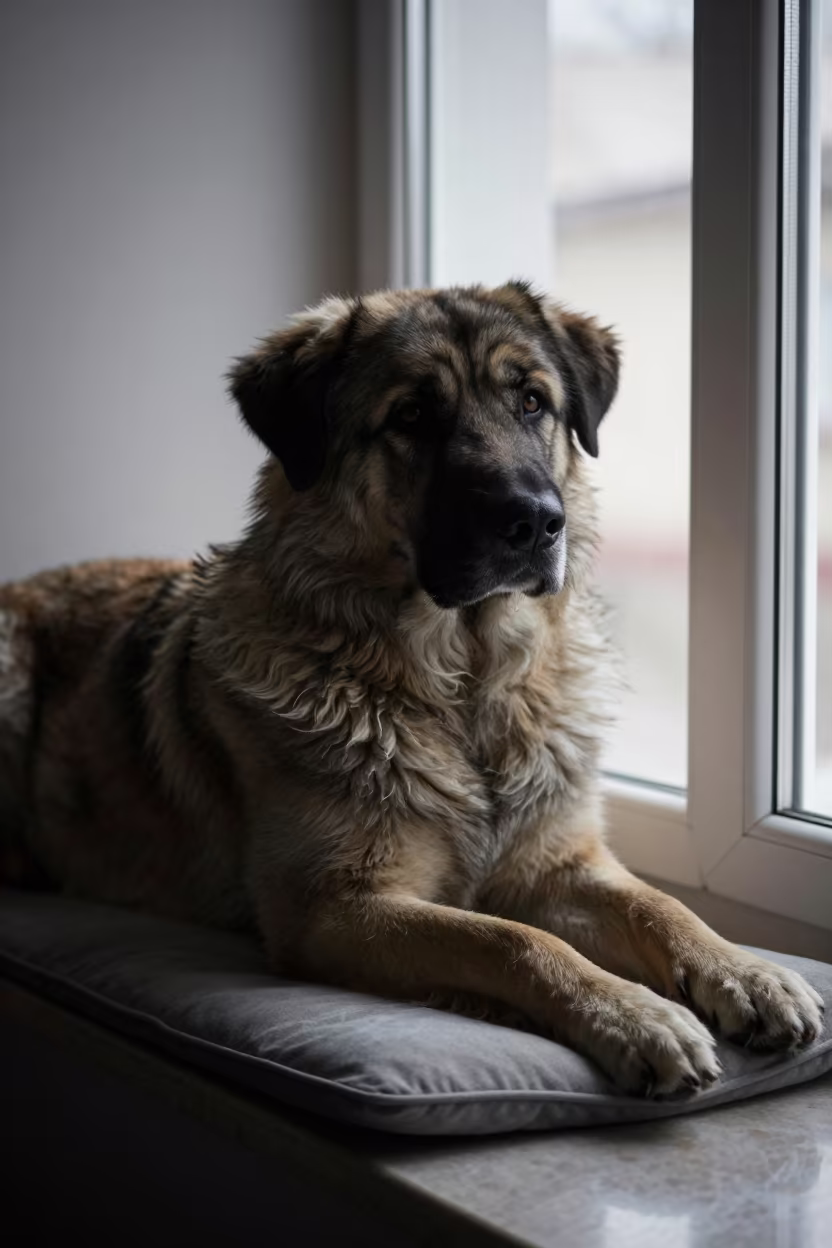 Romanian Mioritic Shepherd Portrait Window Seat in on a cushioned window seat with soft side light and an uncluttered background near Zaragoza