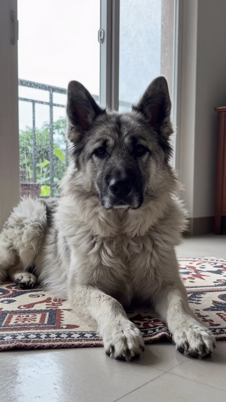 Romanian Mioritic Shepherd Resting on Bedspread in on a bedspread near a bright window with calm indoor light in Dala, Yangon