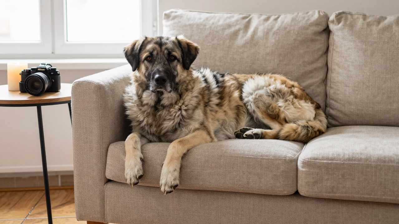 Romanian Mioritic Shepherd Resting on Linen Sofa in on a linen sofa with daylight from a nearby window near Novosibirsk