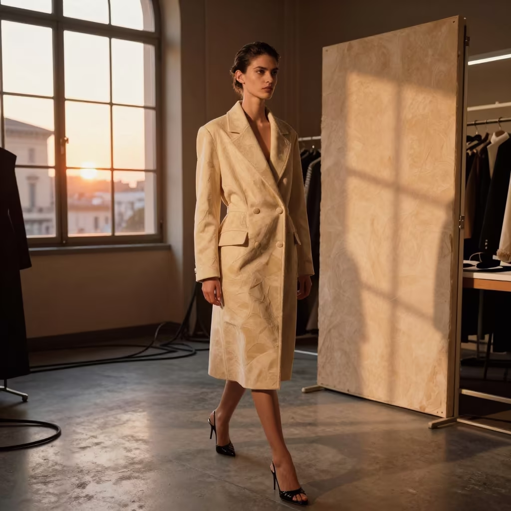 Rome Atelier Model Sculpted Coat Honey Light in inside a couture atelier near Centro Storico, Rome