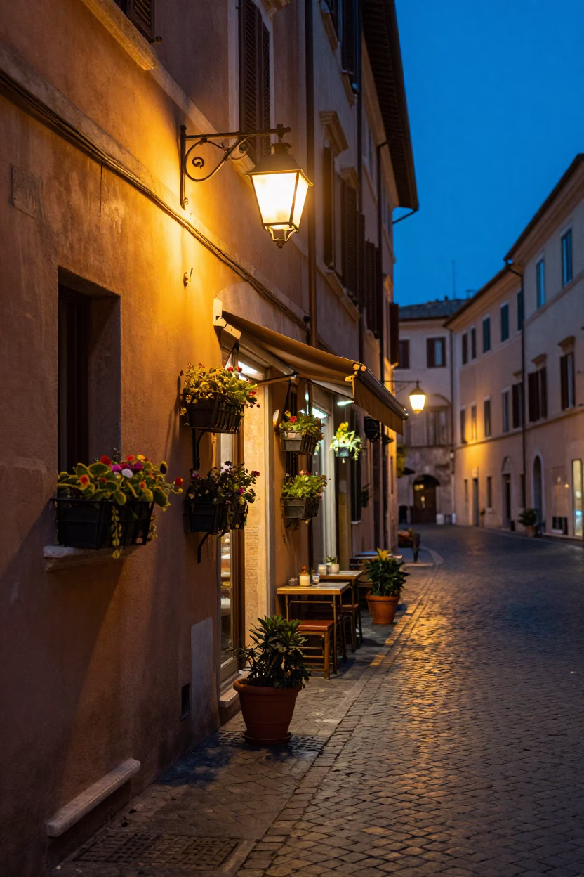 Rome Blue Hour Street Scene with Lantern and Window Boxes in in Rome, Italy