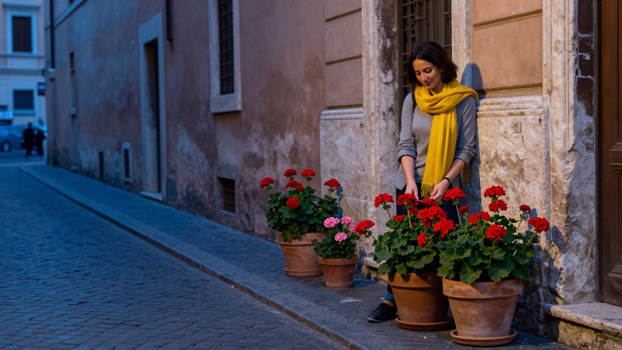 Rome Blue Hour Street Scene With Potted Geraniums And Terracotta Pots in in Rome, Italy