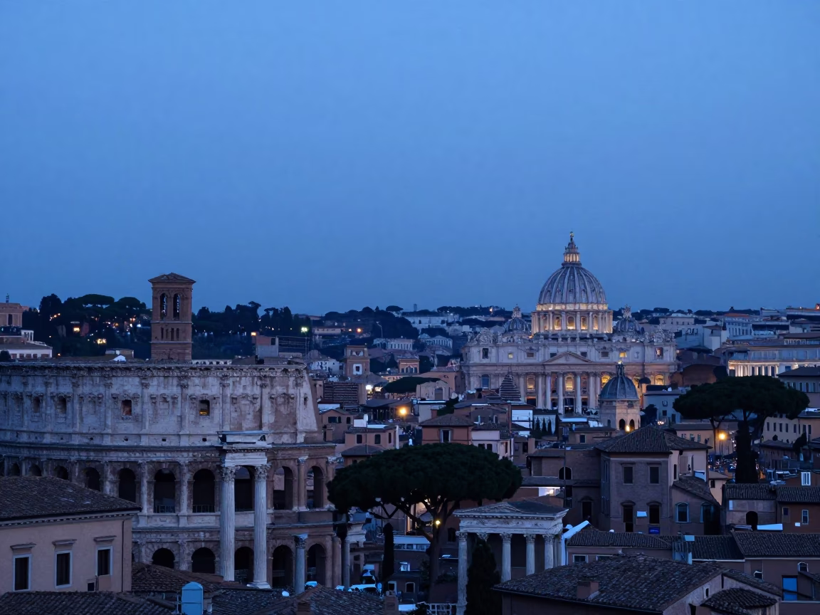 Rome Evening Blue Hour Skyline with Ancient Roman Architecture and Street Life in in Rome, Italy