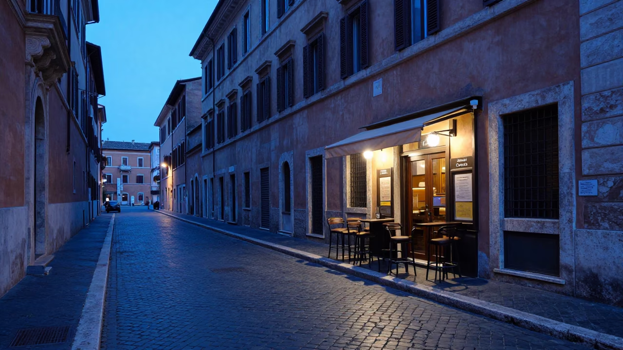 Rome Evening Blue Hour Street Scene with Bar Stools and Cobblestone in in Rome, Italy