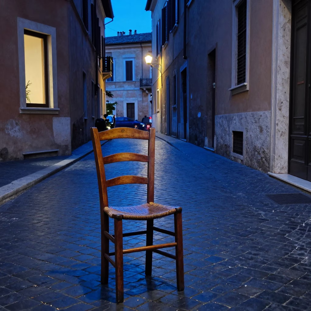 Rome Evening Blue Hour Street Scene with Wooden Chair and Apples in in Rome, Italy