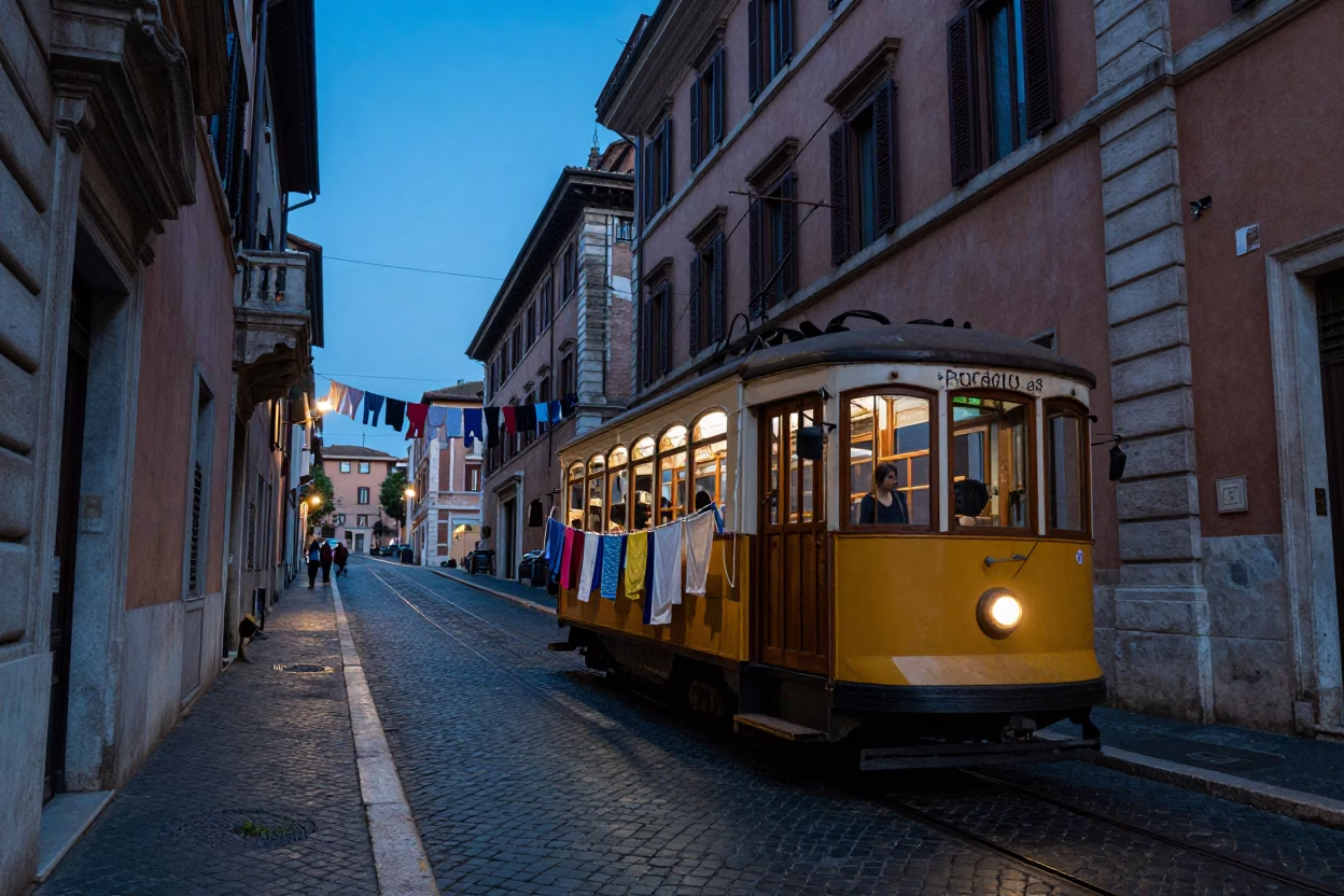 Rome Evening Blue Hour Tram Climb with Drying Laundry and Street Life in in Rome, Italy