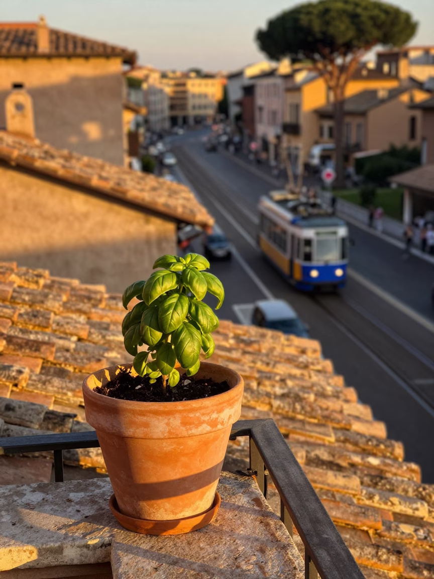 Rome Evening Light on Balcony with Flowerpot and Tram Tracks in in Rome, Italy