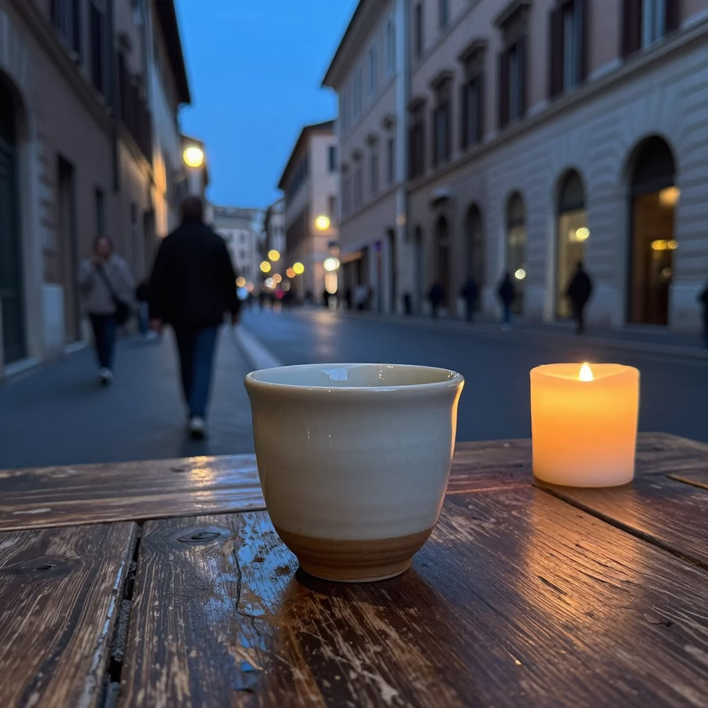 Rome Evening Street Scene with Ceramic Cup and Candle Holder in in Rome, Italy
