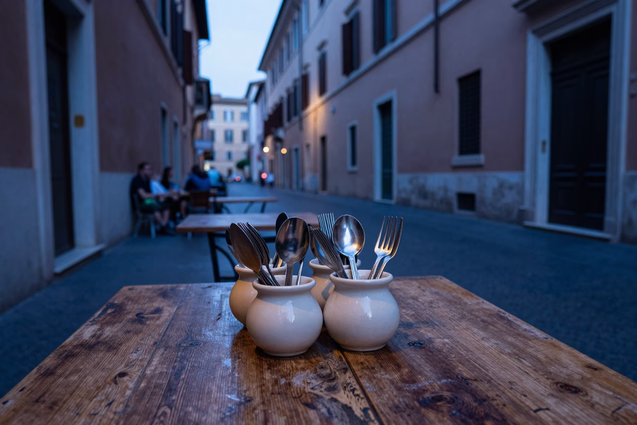 Rome Evening Street Scene with Local Dining Elements in Italian City in in Rome, Italy