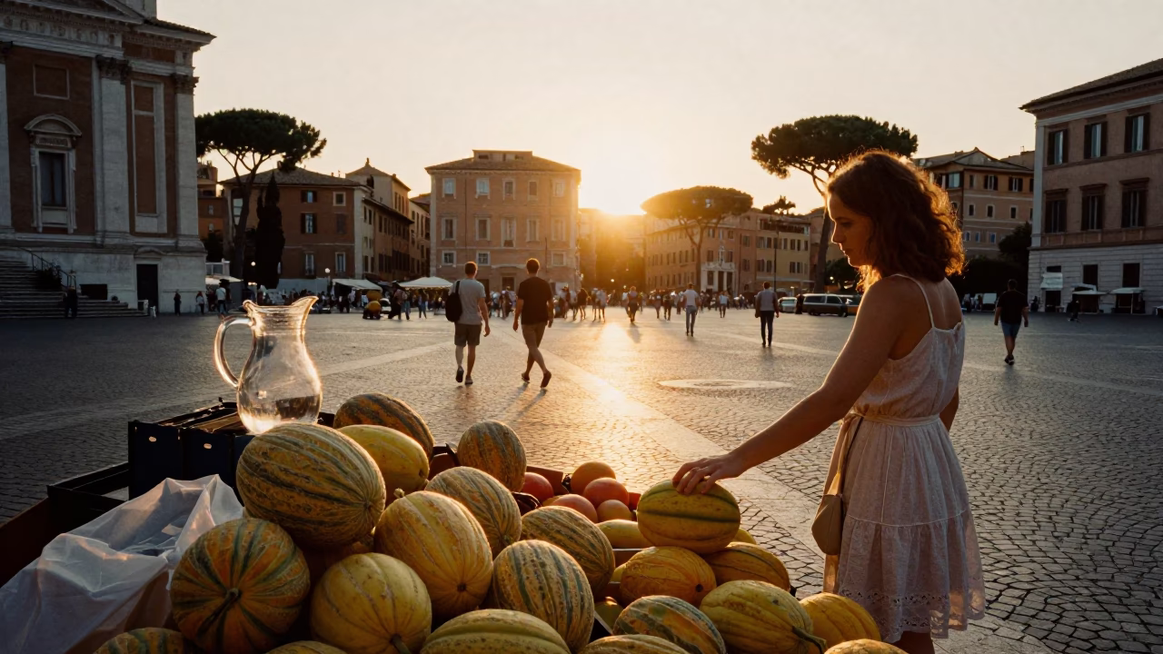 Rome Evening Street Scene with Melons and Glass Pitcher at Sunset in in Rome, Italy