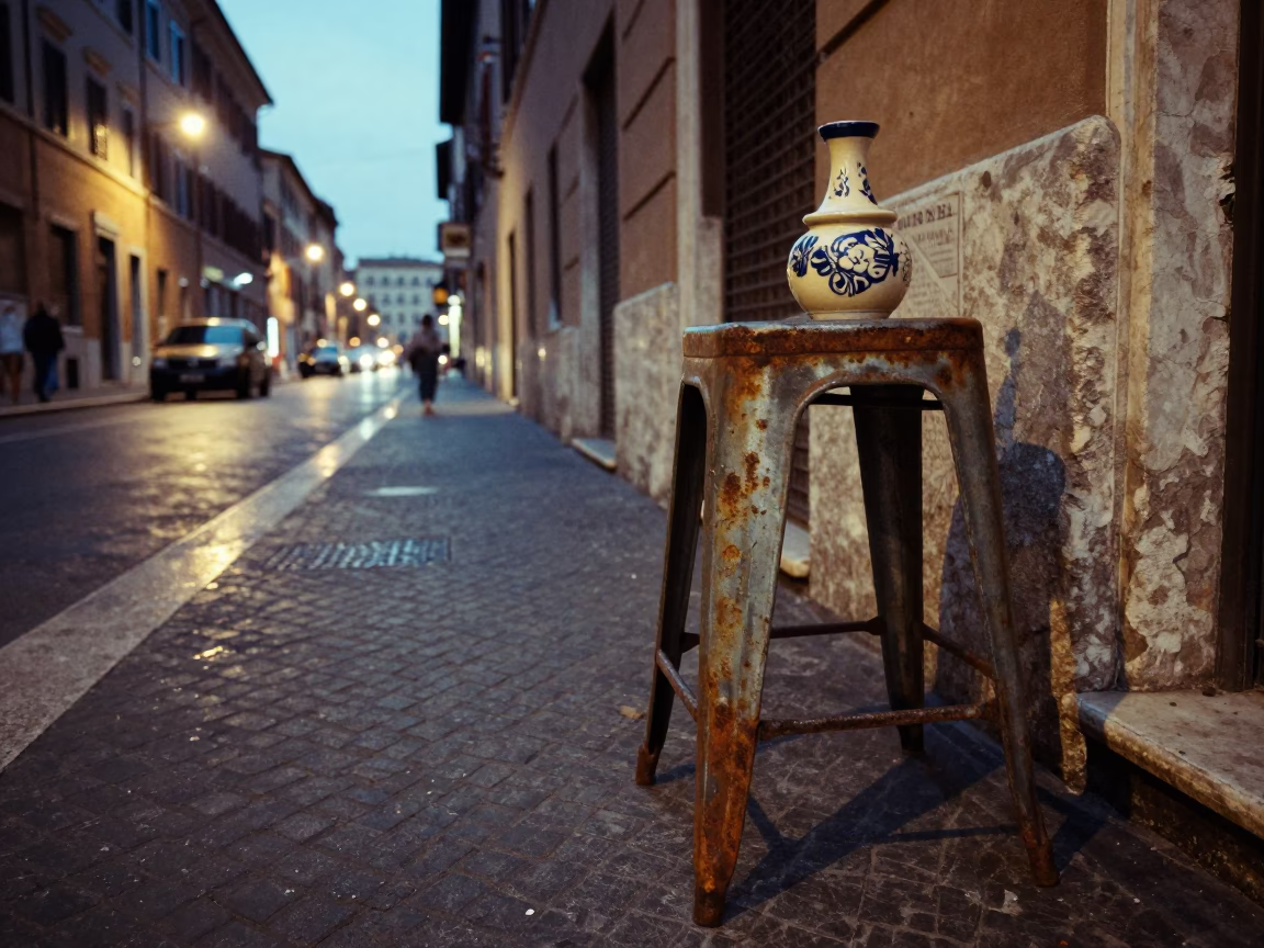 Rome Evening Street Scene with Rusty Stool and Ceramic Pitcher at Dusk in in Rome, Italy