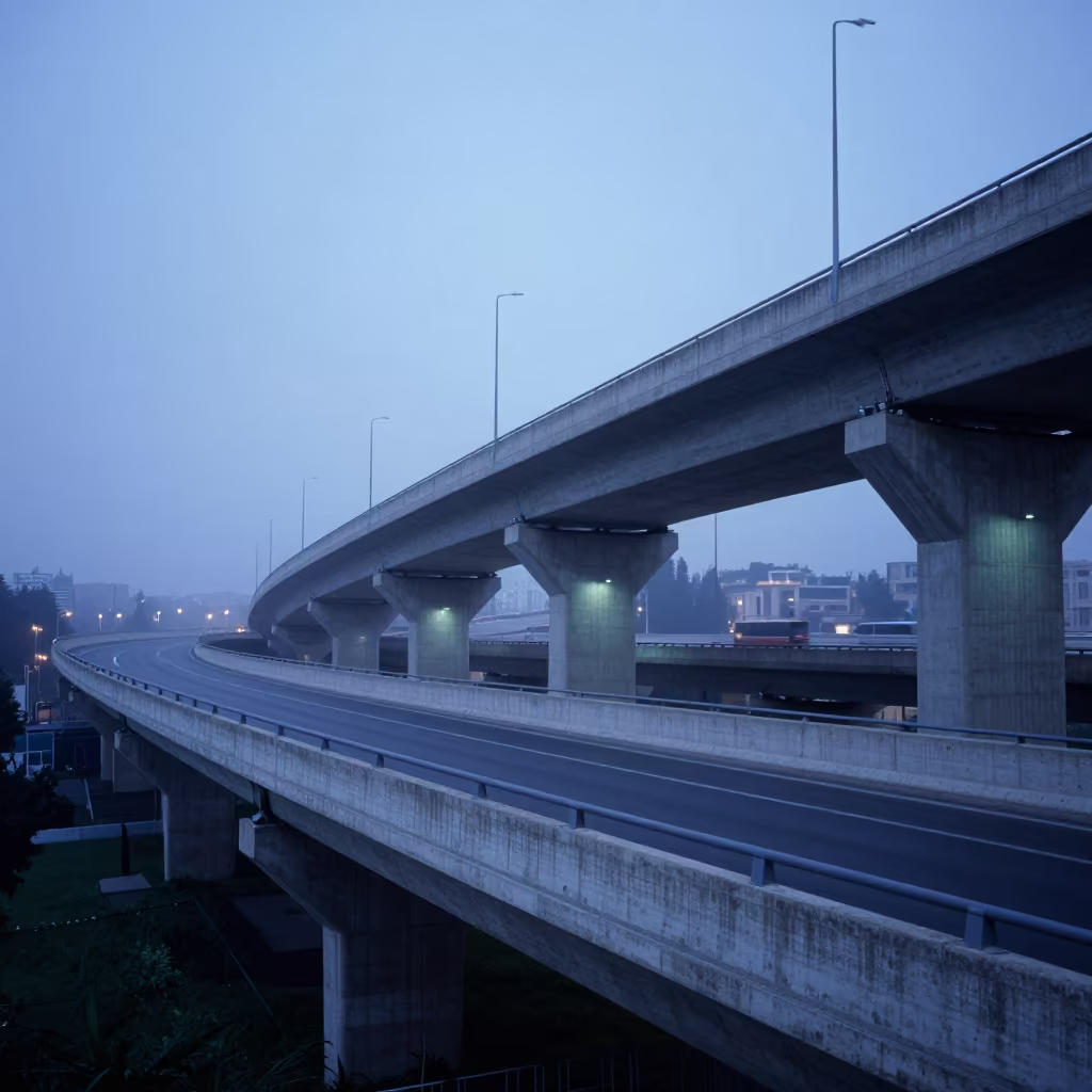 Rome Flyover Deck Blue Hour Twilight in across a windy overpass interchange in Rome