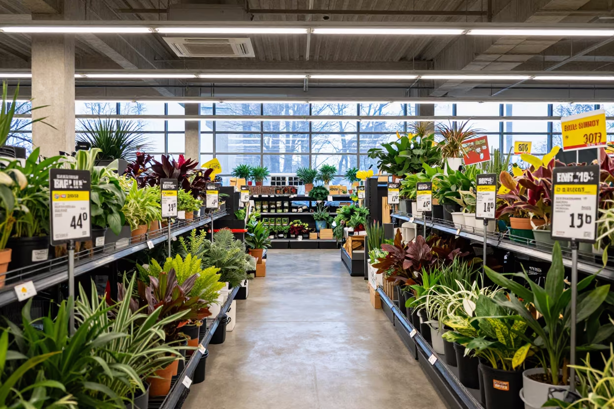 Rome Garden Center Price Stakes in Symmetrical Aisle in inside a bright retail aisle near Rome