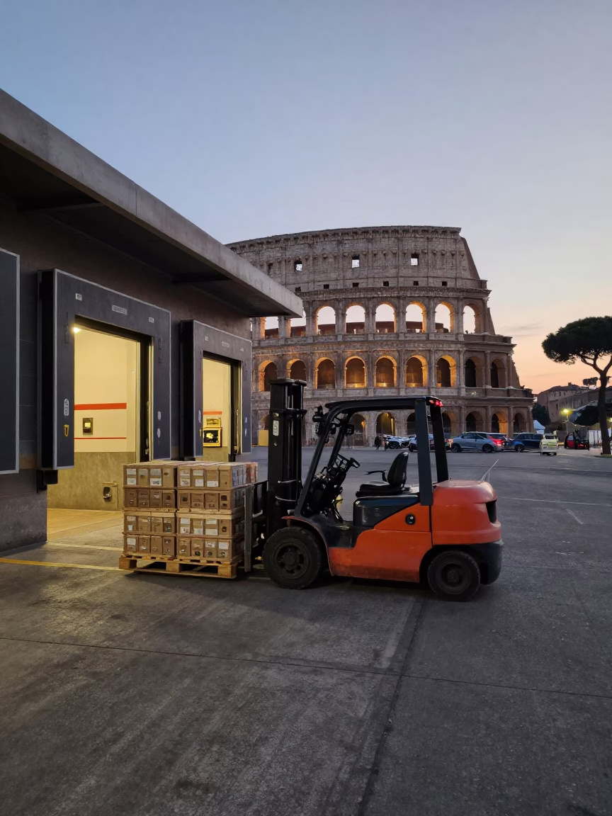 Rome Italy Before Dawn Loading Dock Activity with Forklifts and Pallets in 1960s Style in in Rome, Italy
