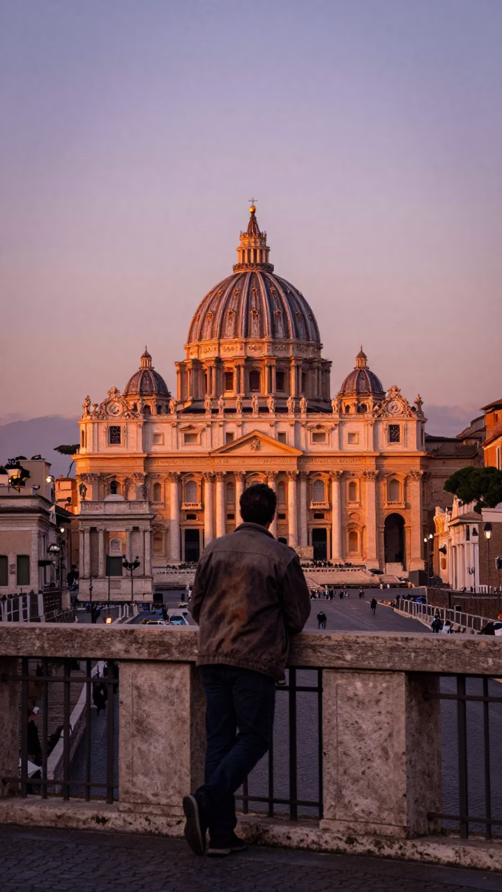 Rome Italy before dusk copper light historic cityscape and street life in in Rome, Italy