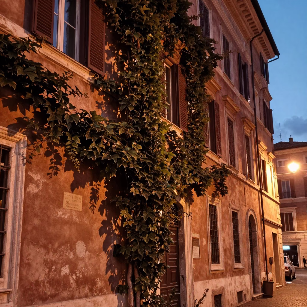 Rome Italy Before Dusk Copper Light Street Scene with Ivy Vines in in Rome, Italy