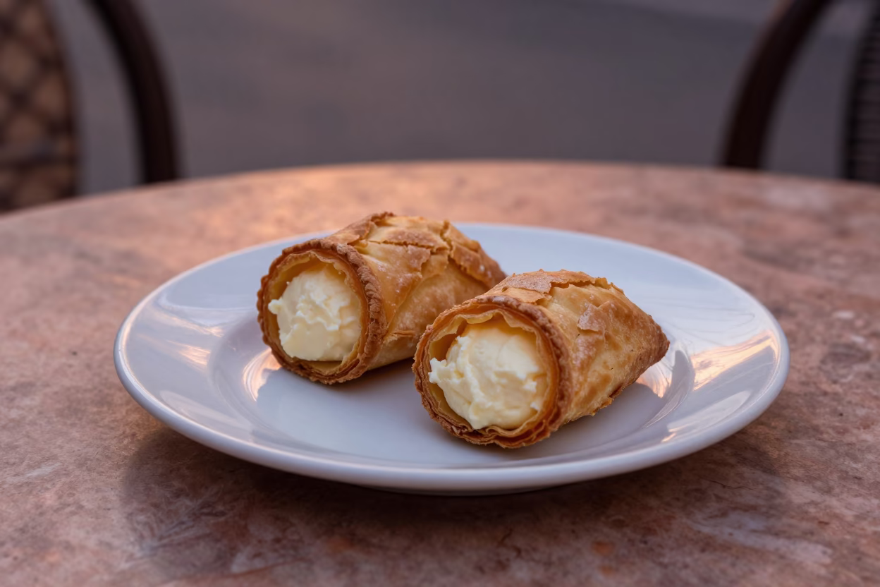 Rome Italy Before Dusk Plate of Sfogliatelle Ricotta Filling on Cafe Table in in Rome, Italy