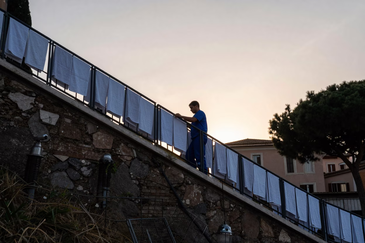 Rome Italy Before Sunrise Funicular Climb with Drying Towels in in Rome, Italy